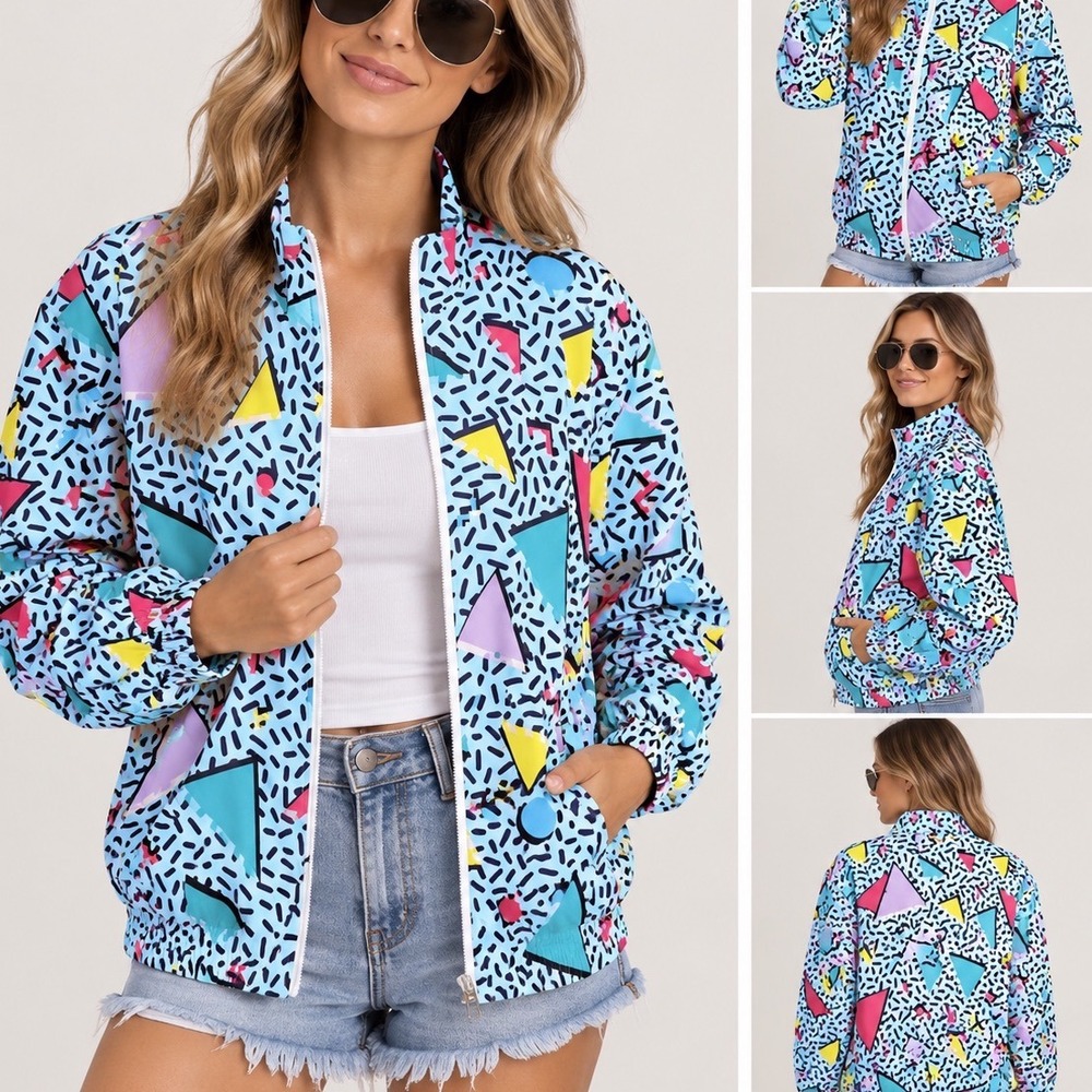NWT Unisex 80s 90s Retro Windbreaker Jacket Geometric Memphis Print XL